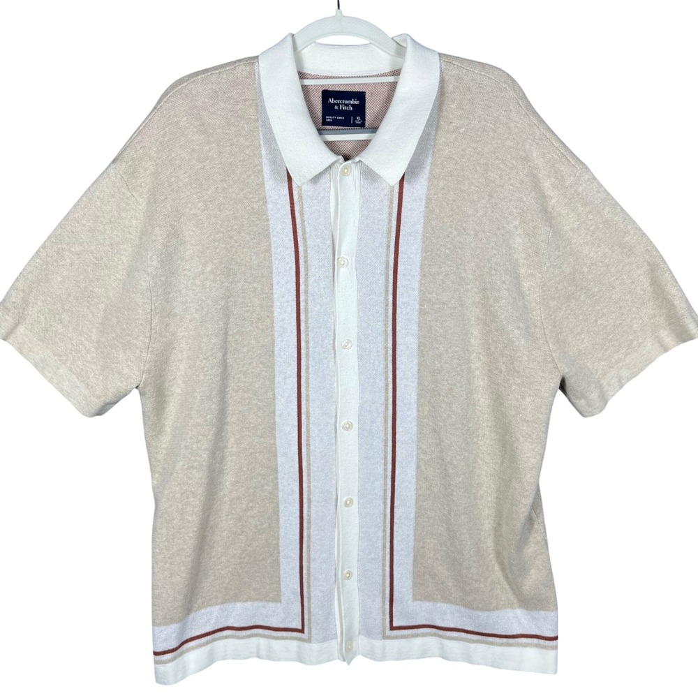 Abercrombie & Fitch Sweater Polo‎ Mens XL Beige Retro Stripe Short Sleeve Knit